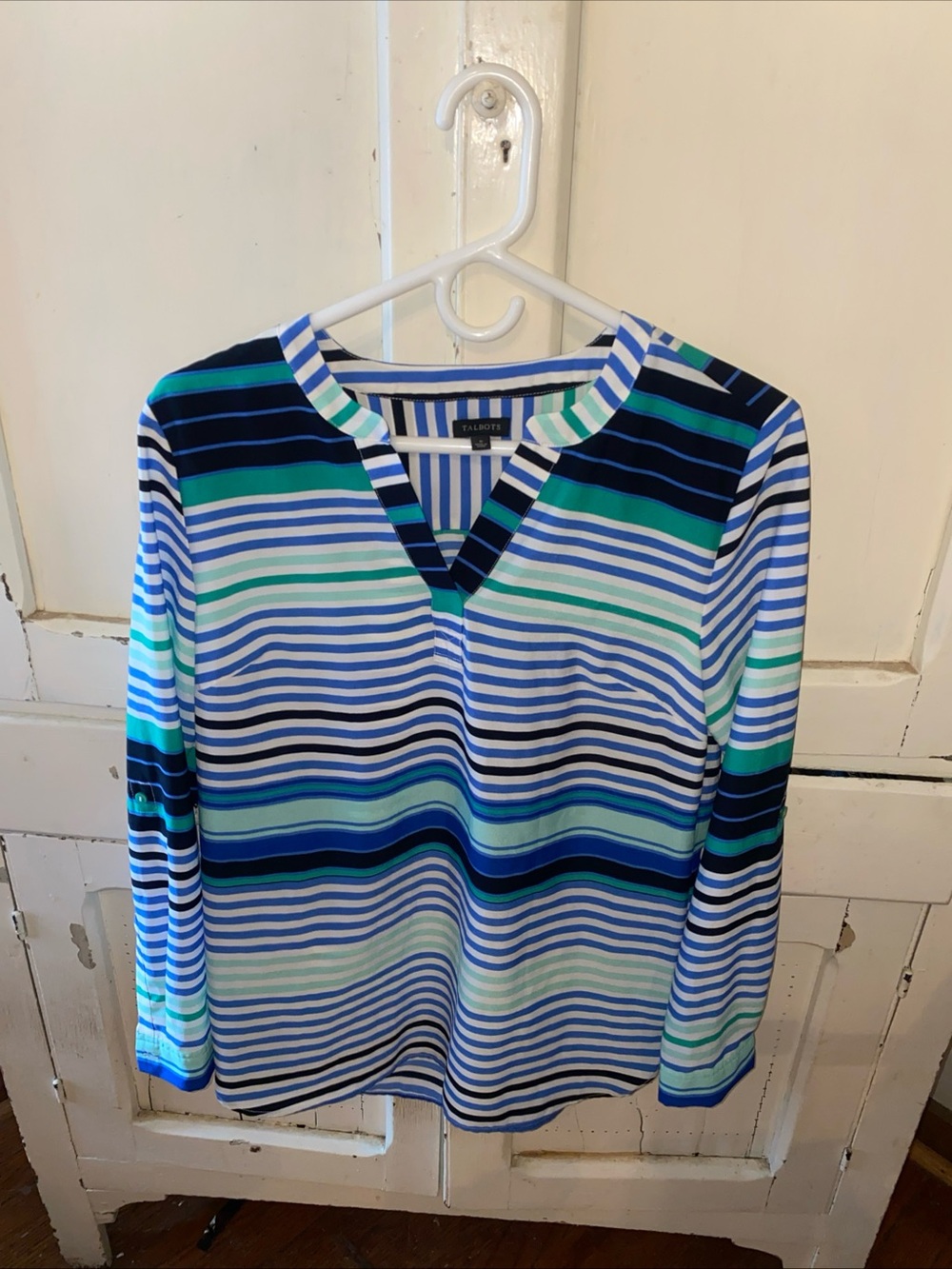 Talbots Navy, Blue & Aqua Striped V-Neck Long Sleeve Top